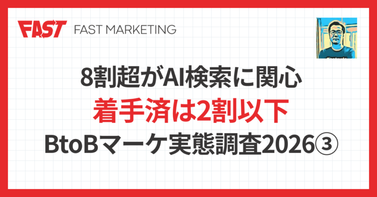 FAST MARKETING header with a bold Japanese article title: '8割超がAI検索に関心 着手済は2割以下 BtoBマーケ実態調査2026(3)'; red border, grid background, and a small portrait in the top-right.